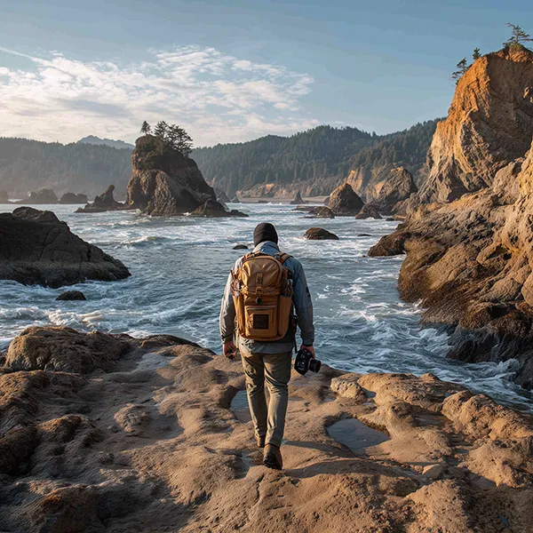 photographer walking on rocky coast